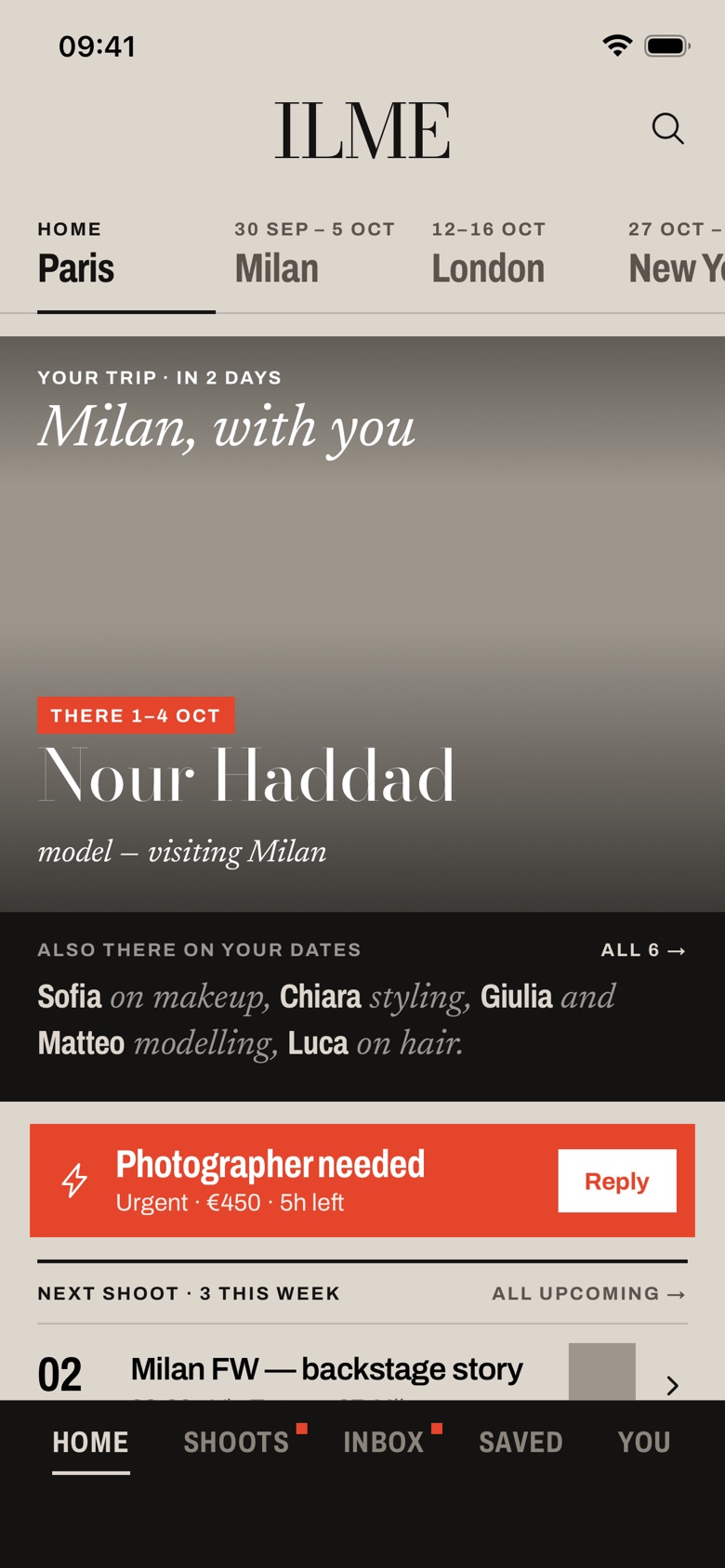 ILME's Discover screen: your home city Paris and trips to Milan, London and New York, your Milan trip on the cover with a model who will be there, the others there on your dates, an urgent call for a photographer and your next shoot